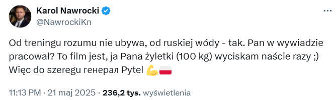 Rysiek04071893's tweet photo. Chcecie prezydenta, czy chłopa od sztangi, który uważa, że wyciskanie żelaza to kompetencja państwowa, a obrażanie zasłużonych generałów to m��stwo. Siła w łapie, pustka w głowie. 

Dzień dobry ✌️
#TylkoNieNawrocki #PijanyKarol https://t.co/Yb7PBN69Uv