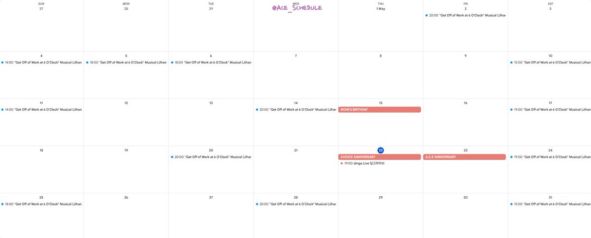 ACE_SCHEDULE's tweet photo. 2025: 05

A.C.E 💖 SUB 💙

+ 05.22 dingo Live 딩고라이브

[#ACE]
[#에이스] https://t.co/LBDsfbDyPv