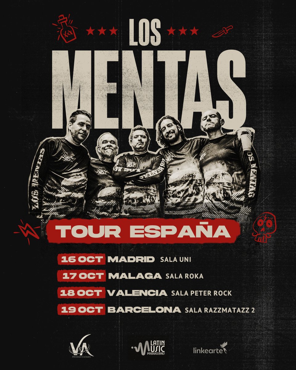 ¡Los Mentas por primera vez en España!
Después de más de dos décadas girando por el continente americano ¡finalmente cruzaremos el charco! MADRID Jueves 16/10, MÁLAGA Viernes 17/10, VALENCIA Sábado 18/10, BARCELONA Domingo 19/10 Entradas acá acortar.link/w4Z3kJ #vayancomidos
