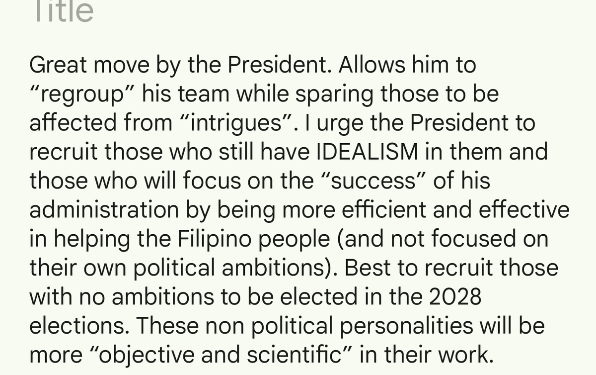 Sen Koko Pimentel on PBBM seeks courtesy resignation of Cabinet secretaries

"I urge the Pres to recruit those who still have IDEALISM in them &amp; those who will focus on the “success”of his administration by being more efficient &amp; effective in helping the Filipino people"<a href="/dwiz882/">DWIZ Newscenter</a>