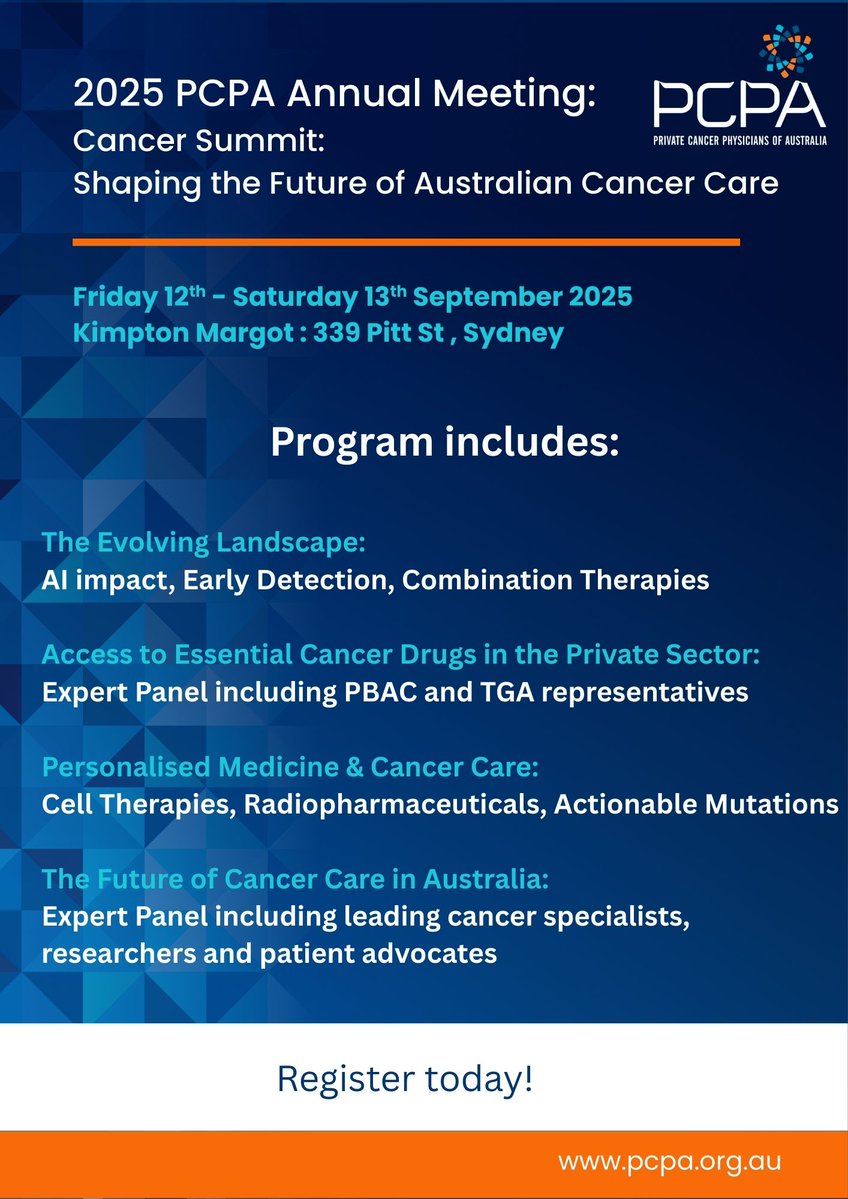 Private Cancer Physicians of Australia (@pcpa_ltd) on Twitter photo PCPA Cancer Summit 2025 - now open for registration: eventbrite.com.au/e/131961397391ā¦
Join us at the Kimpton Margot in Sydney: Friday 12th (from 5pm) to Saturday 13th (9am - 5pm) September 2025. <a href="/drcbsteer/">Christopher Steer</a> <a href="/PaulV_oncogeris/">Paul Viray</a> <a href="/drcammclaren/">drcammclaren</a> PCPA Cancer Summit 2025 - now open for registration: eventbrite.com.au/e/131961397391ā¦
Join us at the Kimpton Margot in Sydney: Friday 12th (from 5pm) to Saturday 13th (9am - 5pm) September 2025. <a href="/drcbsteer/">Christopher Steer</a> <a href="/PaulV_oncogeris/">Paul Viray</a> <a href="/drcammclaren/">drcammclaren</a>