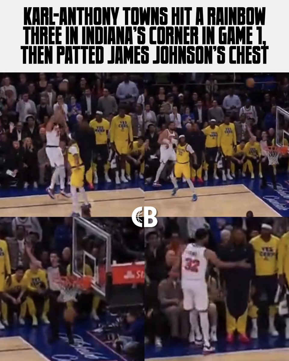CourtsideBuzzX's tweet image. KAT PATTED JAMES JOHNSON’S CHEST: Karl-Anthony Towns hit a rainbow three in Indiana’s corner in Game 1, then patted veteran James Johnson’s chest 😳
Towns has 15 in the first half & is feeling himself!
Thoughts? 🤔