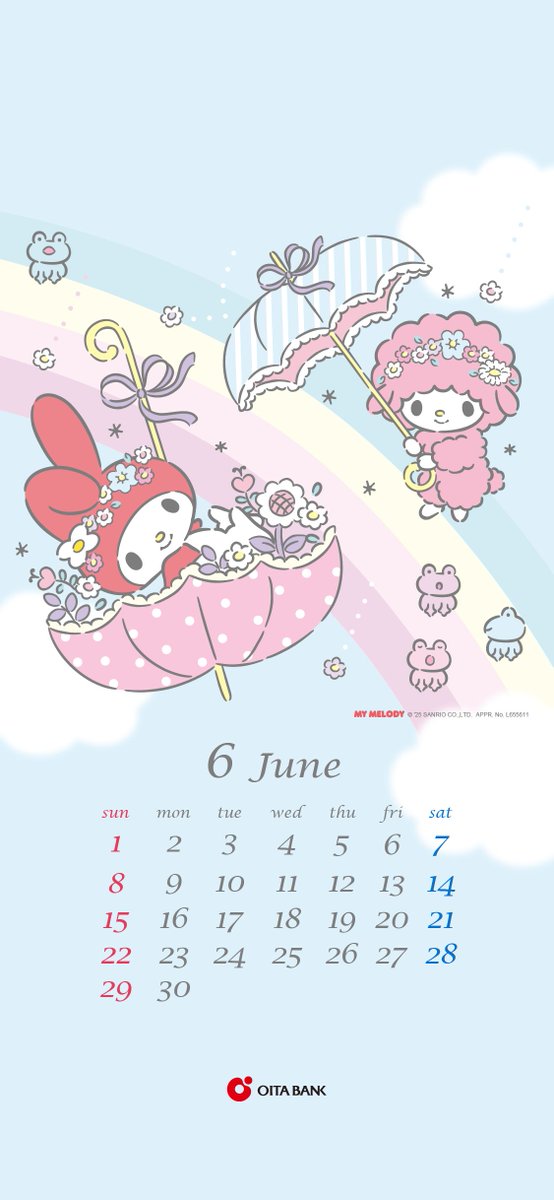 6月の ＃マイメロディ #カレンダー をプレゼント🎁
梅雨の季節到来☔
マイメロちゃんと #マイスウィートピアノ ちゃんの楽しそうな様子が、毎日を晴れやかに彩ってくれそうですね🌈
皆さんはどのように雨の日を楽しみますか📚🎬🎮🍳？

#サンリオ
#大分銀行