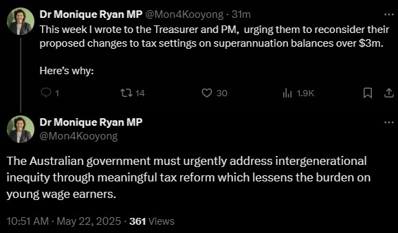 "we must address intergenerational wealth inequality through tax reform but uhhhhh not through raising taxes  on account balances over $3 million, you can't do that"

this is your brain on tealism