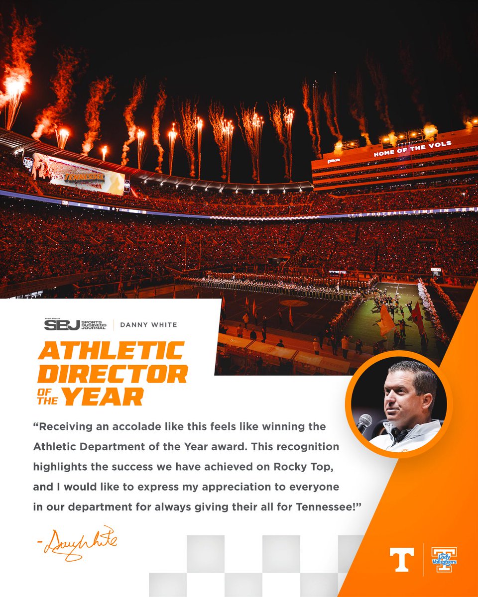 Tennessee Athletics (@vol_sports) on Twitter photo A big orange congratulations to <a href="/AD_DannyWhite/">Danny White</a> on being named Athletic Director of the Year by <a href="/SBJ/">Sports Business Journal</a> A big orange congratulations to <a href="/AD_DannyWhite/">Danny White</a> on being named Athletic Director of the Year by <a href="/SBJ/">Sports Business Journal</a>