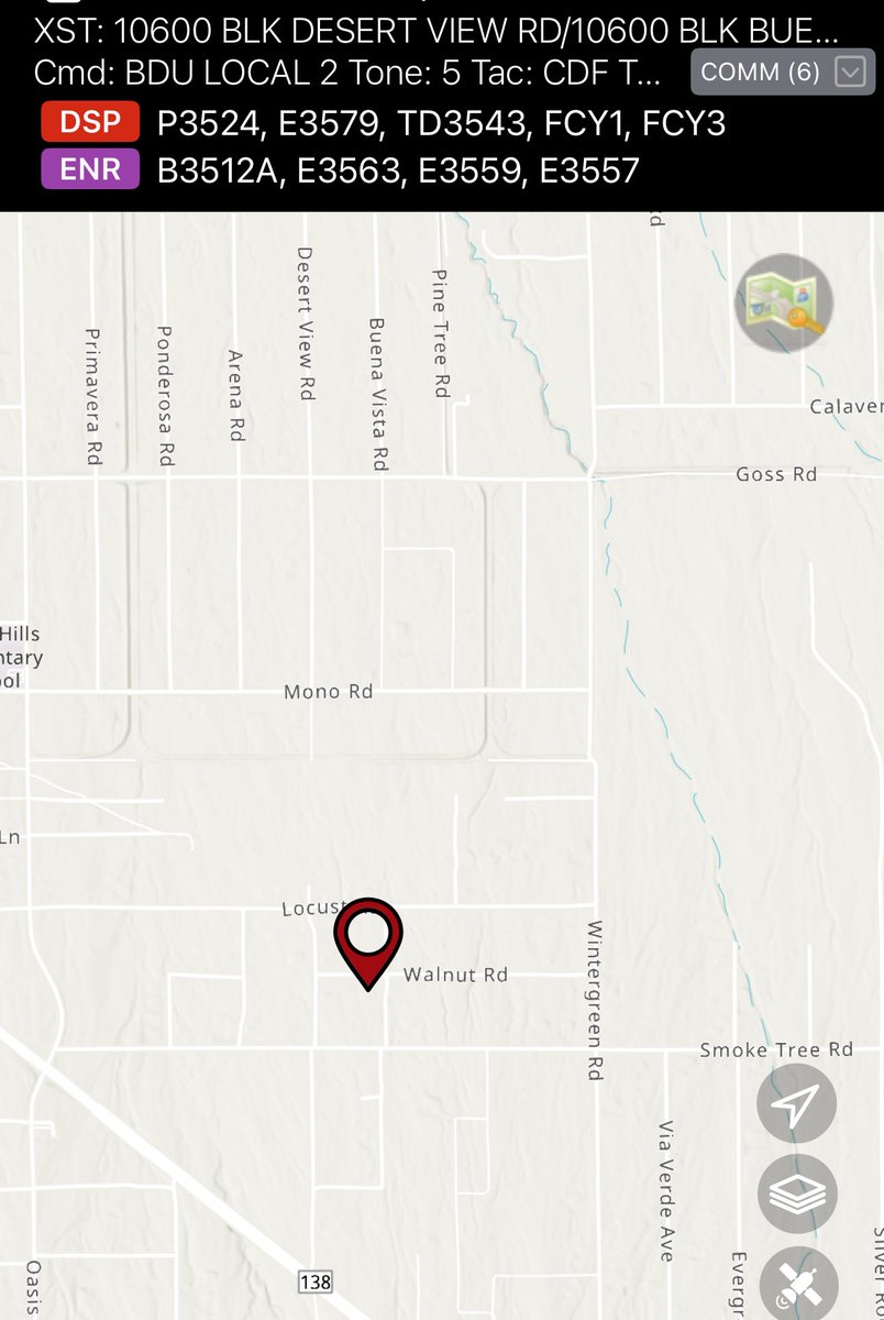 CALFIREBDU's tweet image. [New Incident] Vegetation Fire reported at 6:13 p.m. in the area of Walnut Road x Desert View Road, PINION HILLS #WalnutFire 1.5 acres immediate structure threat