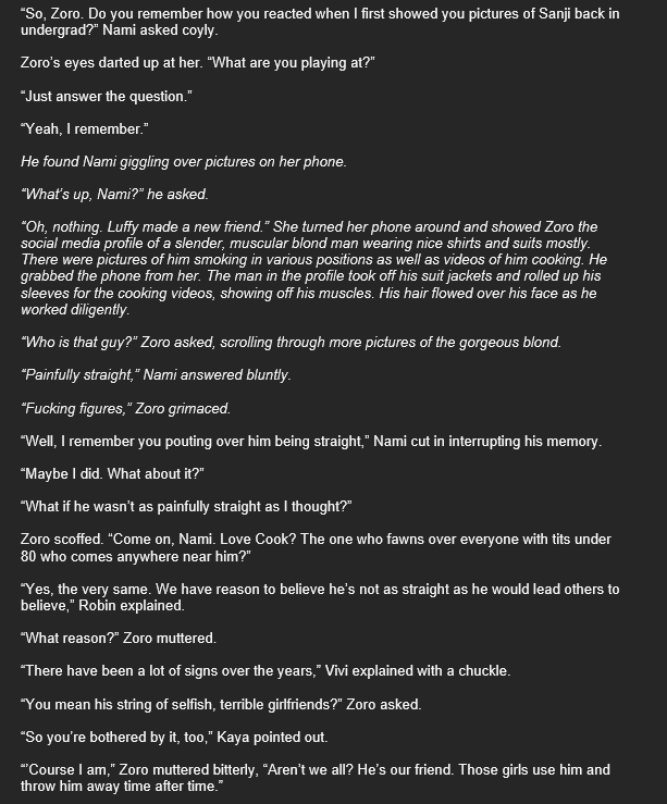 sassycalico's tweet photo. Finally posting again for WIP Wednesday! I've been cooking up a ZoSan modern AU for a while, and I'm excited about it! The girls get Sanji to agree to a trial date with a long-pining Zoro! ZoSan madness ensues!
#zosan #fanfiction https://t.co/TbaCY6d0Qa