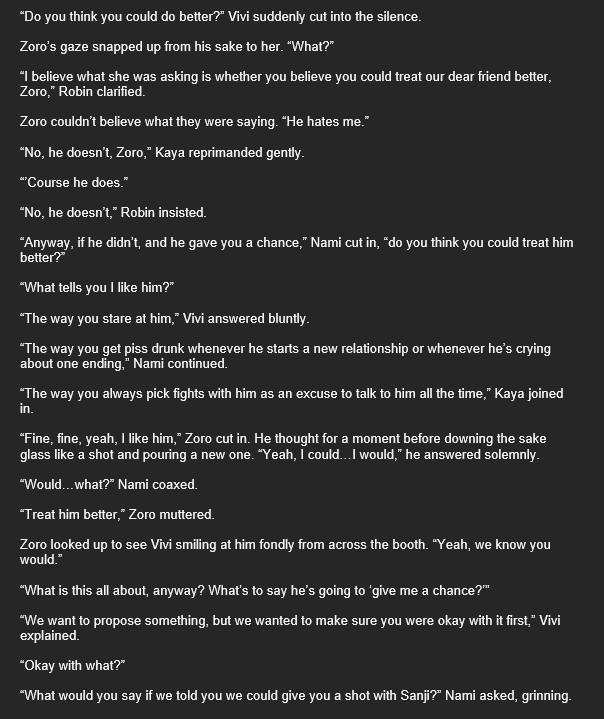 sassycalico's tweet photo. Finally posting again for WIP Wednesday! I've been cooking up a ZoSan modern AU for a while, and I'm excited about it! The girls get Sanji to agree to a trial date with a long-pining Zoro! ZoSan madness ensues!
#zosan #fanfiction https://t.co/TbaCY6d0Qa