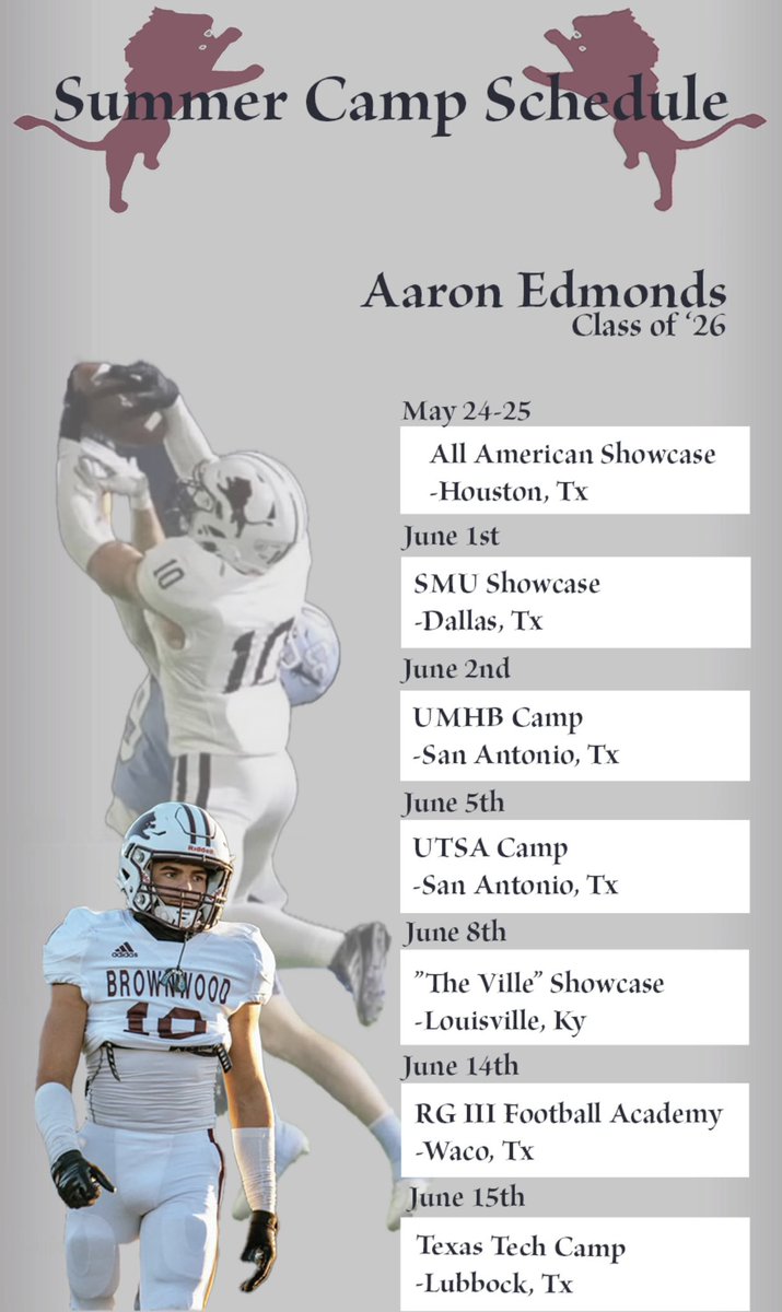 AaronEdmonds (@aaronedmon73767) on Twitter photo Check out my 2025 football schedule! These are the camps I will be attending this summer. Can’t wait to compete!
<a href="/PRCoachBailey/">Jeremiah Bailey</a> <a href="/Scout_ScottC/">College Scout</a> <a href="/Prep2Play/">PrepStar Texas</a> <a href="/MichaelWoosley/">Coach Mike, PrepStar SW</a> <a href="/JamesDJackson15/">James D. Jackson</a> <a href="/LL7NV/">College Recruiter</a> <a href="/bryanfilker/">Bryan Filker</a> <a href="/rhettlashlee/">Rhett Lashlee</a> <a href="/JoeyMcGuireTTU/">Joey McGuire 🌵</a> <a href="/COACHJUICE_/">Justin Johnson</a> <a href="/ULFBRecruiting/">Louisville FB Recruiting</a> <a href="/KJJFlood/">Kyle Flood</a> Check out my 2025 football schedule! These are the camps I will be attending this summer. Can’t wait to compete!
<a href="/PRCoachBailey/">Jeremiah Bailey</a> <a href="/Scout_ScottC/">College Scout</a> <a href="/Prep2Play/">PrepStar Texas</a> <a href="/MichaelWoosley/">Coach Mike, PrepStar SW</a> <a href="/JamesDJackson15/">James D. Jackson</a> <a href="/LL7NV/">College Recruiter</a> <a href="/bryanfilker/">Bryan Filker</a> <a href="/rhettlashlee/">Rhett Lashlee</a> <a href="/JoeyMcGuireTTU/">Joey McGuire 🌵</a> <a href="/COACHJUICE_/">Justin Johnson</a> <a href="/ULFBRecruiting/">Louisville FB Recruiting</a> <a href="/KJJFlood/">Kyle Flood</a>