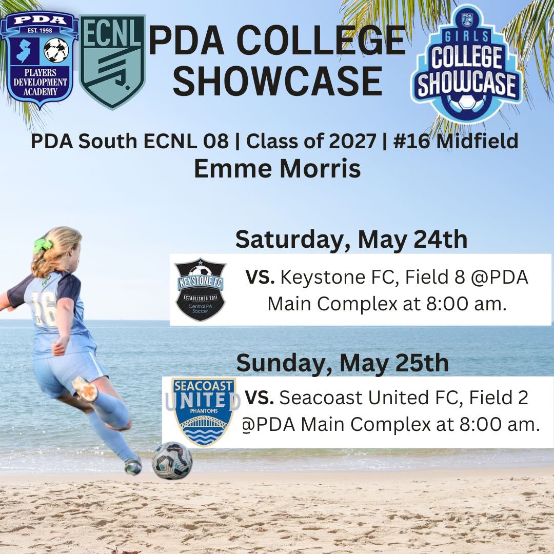 emmemorris2027's tweet photo. So excited to spend Memorial Day Weekend in New Jersey! Come watch me and my teammates at the PDA College Showcase this weekend! Here are my games for this weekend both at 8:00am!

@ImYouthSoccer @PdaSouth @ImCollegeSoccer @TheSoccerWire @PrepSoccer https://t.co/jXRIpmKMfn