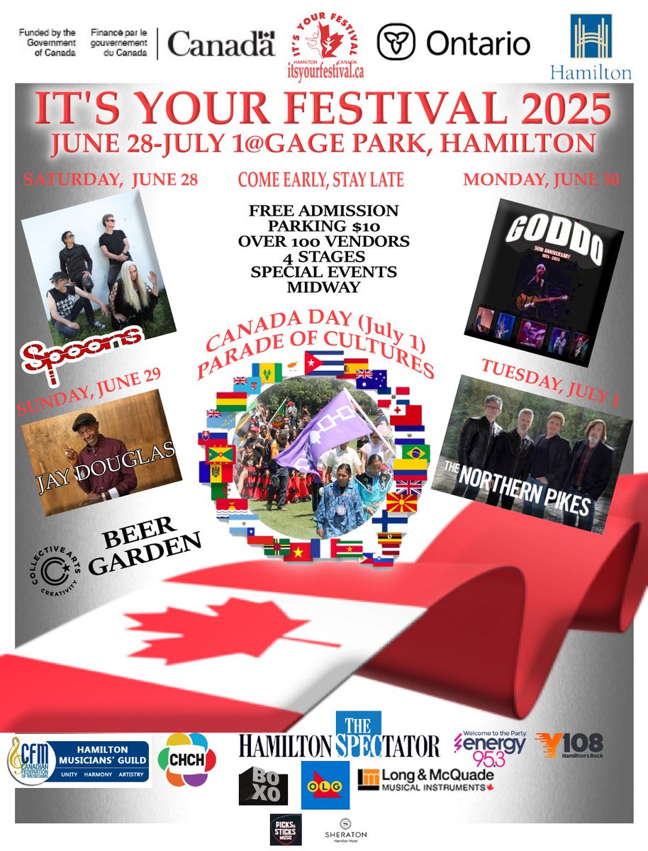 itsmyfestival's tweet image. ARE YOU READY? Drumroll please.
May we present the 2025 It's Your Festival Headline Entertainment for your enjoyment Saturday, June 28, Spoons Sunday, June 29, Jay Douglas Monday, June 30 Greg Godovitz and Canada Day, Tuesday, July 1 Northern Pikes !!