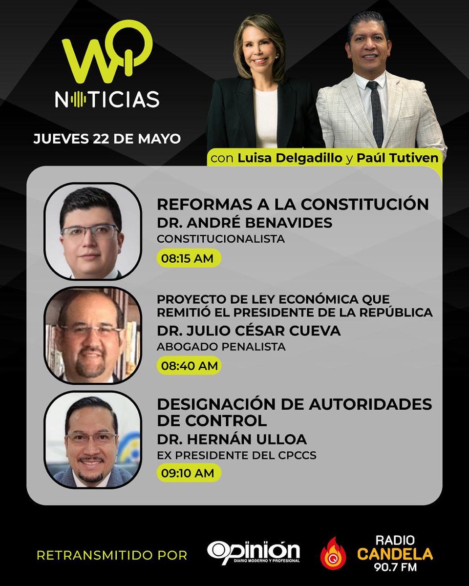 WQ Radio (@wq_radio) on Twitter photo AGENDA JUEVES 22 DE MAYO 2025 | Con la conducción de <a href="/luisadelgadillo/">luisa delgadillo</a> y <a href="/paultutiven/">Paul Tutiven Fuentes</a> :
🎙️08H15| Dr. André Benavides, Constitucionalista. <a href="/AndreBenavidesM/">André Benavides</a>
TEMA: Reformas a la Constitución.
🎙️08H40| Dr. Julio César Cueva, Abogado penalista.
TEMA: Nuevo proyecto de Ley AGENDA JUEVES 22 DE MAYO 2025 | Con la conducción de <a href="/luisadelgadillo/">luisa delgadillo</a> y <a href="/paultutiven/">Paul Tutiven Fuentes</a> :
🎙️08H15| Dr. André Benavides, Constitucionalista. <a href="/AndreBenavidesM/">André Benavides</a>
TEMA: Reformas a la Constitución.
🎙️08H40| Dr. Julio César Cueva, Abogado penalista.
TEMA: Nuevo proyecto de Ley