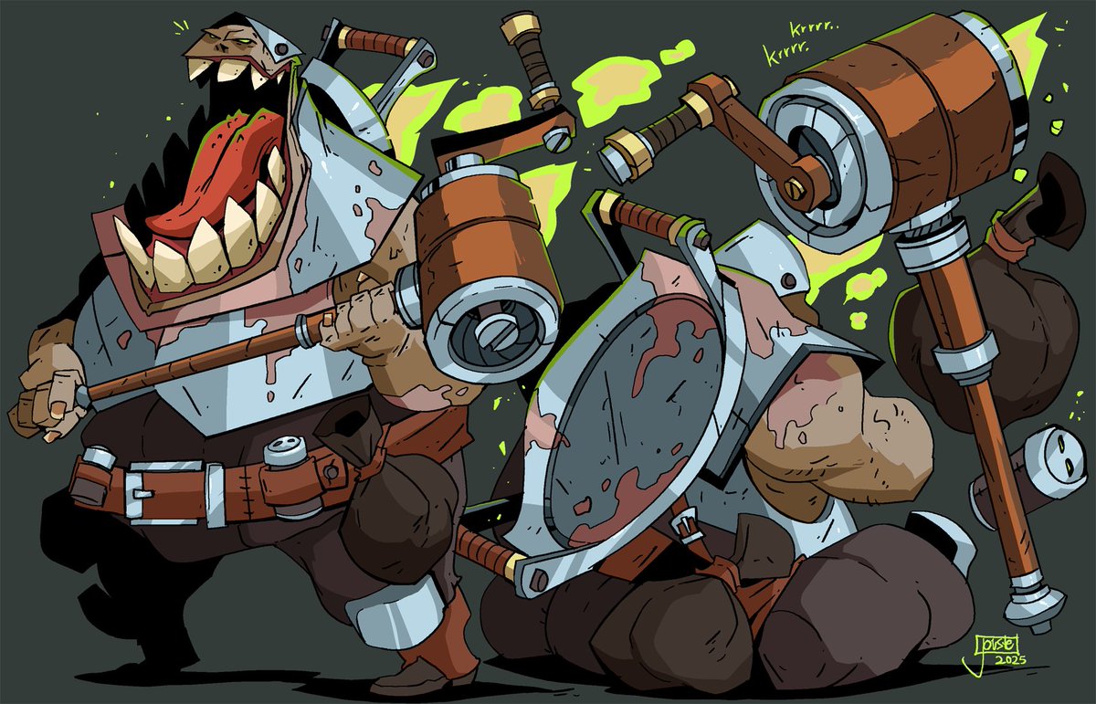 The Smorgaslord!
The grease pan gullet, the paunchiest paladin, Smorgaslord! With a brutal pepper-maul, this lardy liege lumbers through battle, noshing on the well seasoned warriors in his way! An enchanted serving tray gives a hearty +4 to presentation! #characterdesign 
#0591