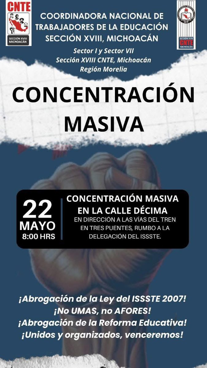 Para este jueves 22 de mayo, otra de las expresiones de la #CNTE se manifestarán, pero será en la av Fco I Madero poniente hacia el #ISSSTE
Vía <a href="/exeni/">EXENI</a>