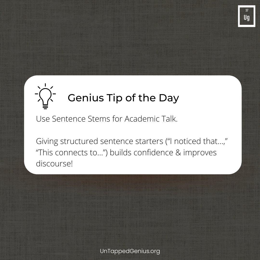 UnTapped_Genius's tweet image. Want richer student conversations? Sentence stems give students the structure they need to express ideas, build on thinking, and speak with confidence. It’s a simple move with big impact! #Genius #AcademicDiscourse #StudentVoice