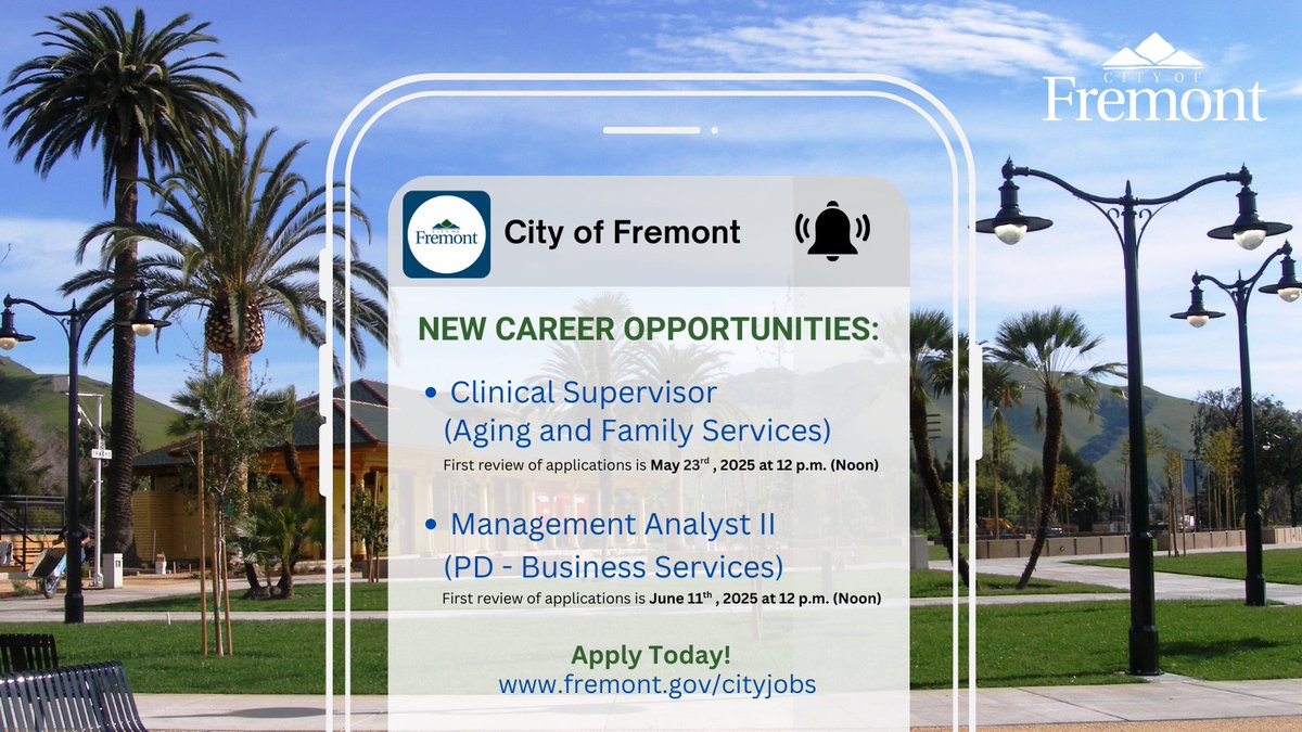 The City of Fremont has new career opportunities with the Human Services Department and Police Department. Interested applicants are encouraged to apply immediately. Please visit fremont.gov/cityjobs for more information and other opportunities.