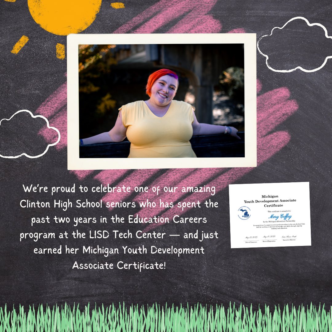 ClinHScounselor's tweet image. Future Educator Alert!
Mary Coffey spent 2 years in the LISD Tech Center’s Education Careers program and earned her Michigan Youth Development Associate Certificate!

Mary’s also been a co-op teacher in 2nd grade &amp;amp; Kindergarten classrooms this year!

#ClassOf2025 #FutureEducator