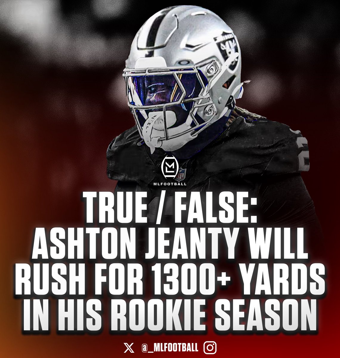 _MLFootball's tweet image. TRUE OR FALSE: #Raiders rookie running back Ashton Jeanty will rush for 1300+ yards his rookie season…?
🧐