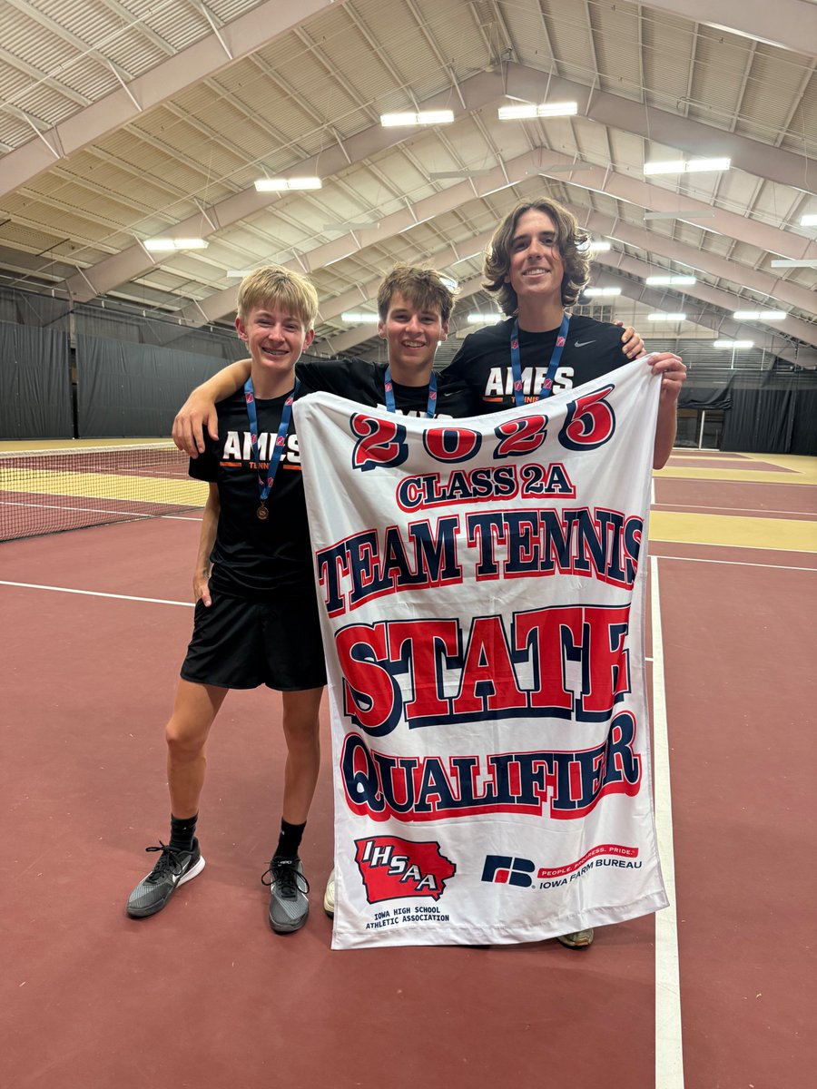 Congrats to the Anson Bernard, Jonas Bernard and Wyatt Jones on advancing to the state tennis tournament today on the Ames High tennis team. Great job, guys!