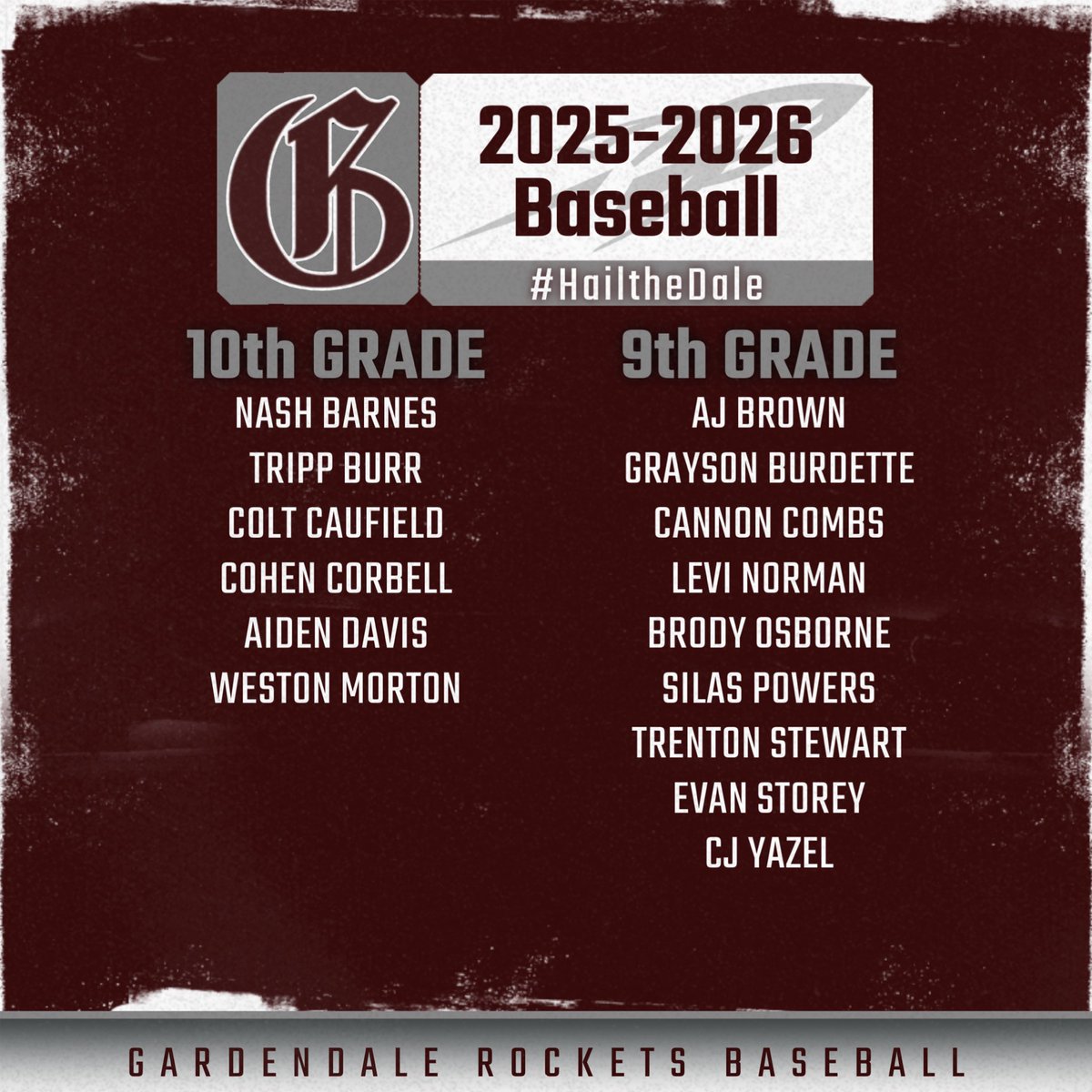 Congratulations to the members of the 2025-26 GHS Baseball team. To those selected, there will be a brief parent meeting Thursday night at 6:30 pm in the GHS lunchroom. #HailtheDale