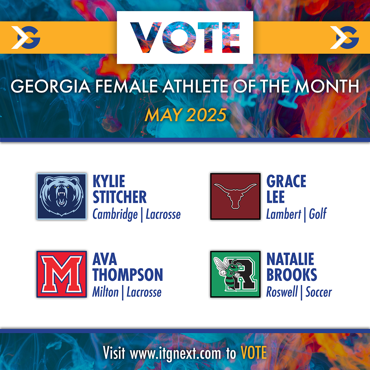 ITG Next - Georgia (@itgnext_georgia) on Twitter photo Who will be our May 2025 Georgia High School Female Athlete of the Month?
Click or tap here to cast your vote to help decide the winner 🗳️⤵️
itgnext.com/vote-itg-next-…
<a href="/FultonCoSchools/">FultonCountySchools</a> <a href="/Cambridge_AD/">Cambridge Athletics</a> <a href="/CoachMasinko/">Cambridge Girls Lax</a> <a href="/FCSchoolsGA/">Forsyth County Schools</a> <a href="/LambertHS/">Lambert High School</a> <a href="/LonghornsLHS/">Lambert Longhorns Athletics</a> <a href="/MiltonHighSch/">Milton High School</a> <a href="/MiltonHSEagles/">Milton Athletics</a> Who will be our May 2025 Georgia High School Female Athlete of the Month?
Click or tap here to cast your vote to help decide the winner 🗳️⤵️
itgnext.com/vote-itg-next-…
<a href="/FultonCoSchools/">FultonCountySchools</a> <a href="/Cambridge_AD/">Cambridge Athletics</a> <a href="/CoachMasinko/">Cambridge Girls Lax</a> <a href="/FCSchoolsGA/">Forsyth County Schools</a> <a href="/LambertHS/">Lambert High School</a> <a href="/LonghornsLHS/">Lambert Longhorns Athletics</a> <a href="/MiltonHighSch/">Milton High School</a> <a href="/MiltonHSEagles/">Milton Athletics</a>
