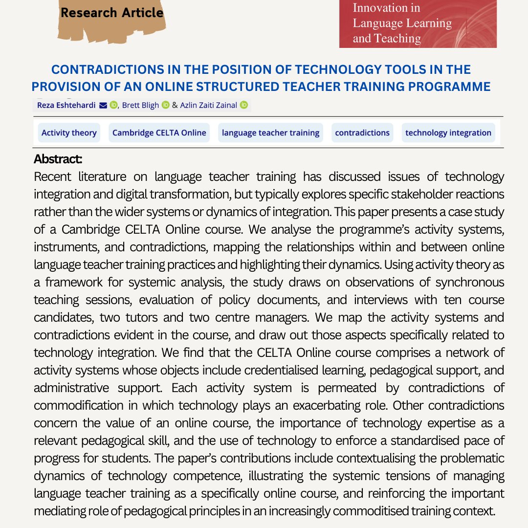 Contradictions in the position of technology tools in the provision of an online structured teacher training programme
tandfonline.com/doi/full/10.10…