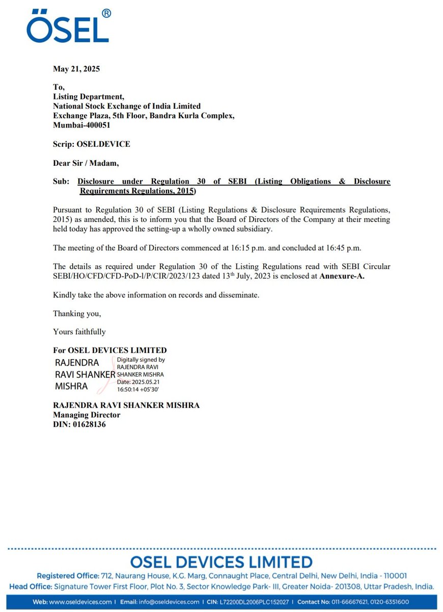Harshit_Shah07's tweet image. OSEL Devices Limited announces the approval to set up a wholly owned subsidiary, #OSEL Industrial Park Pvt Ltd, for manufacturing, warehousing, and logistics. 

#OSELDevices #StocksInFocus
#StockMarket #StockToWatch #stockmarketsindia @OselDevices