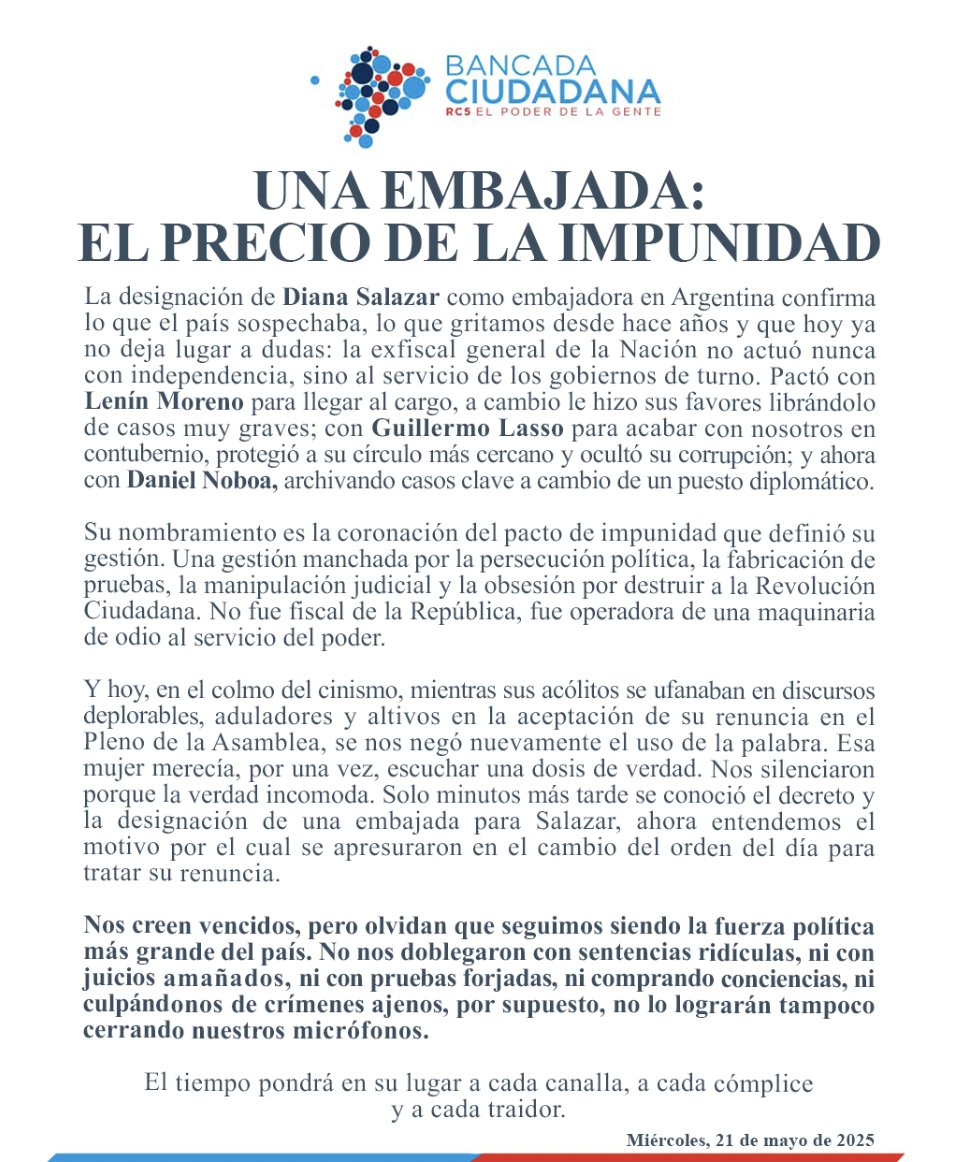 Bancada Ciudadana (@bancadarc5) on Twitter photo 🔴ATENCIÓN 📷| Sobre la "renuncia estoica" de #DianaSalazar y el infame silenciamiento de nuestra bancada en la
<a href="/AsambleaEcuador/">Asamblea Nacional</a>
#Fiscal #DianaSalazar #Impunidad #FiscalíaSinJusticia #NoOlvidamos 🔴ATENCIÓN 📷| Sobre la "renuncia estoica" de #DianaSalazar y el infame silenciamiento de nuestra bancada en la
<a href="/AsambleaEcuador/">Asamblea Nacional</a>
#Fiscal #DianaSalazar #Impunidad #FiscalíaSinJusticia #NoOlvidamos