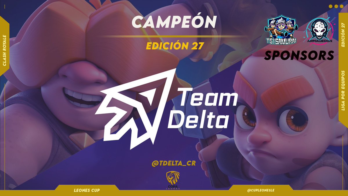 Leones Cup (@cupleonesle) on Twitter photo #ClashRoyale
Tenemos Campeón!!!
Felicitamos a <a href="/TDelta_CR/">Team Delta (Δ)</a> por llegar a lo mas alto!!!
y Gracias a los Sponsors por apoyar esta edición!!!
<a href="/TG_SAMURAI/">TG I SAMURAI</a> <a href="/ARMAGEDONHN_CR/">ARMAGEDON🇭🇳</a> #ClashRoyale
Tenemos Campeón!!!
Felicitamos a <a href="/TDelta_CR/">Team Delta (Δ)</a> por llegar a lo mas alto!!!
y Gracias a los Sponsors por apoyar esta edición!!!
<a href="/TG_SAMURAI/">TG I SAMURAI</a> <a href="/ARMAGEDONHN_CR/">ARMAGEDON🇭🇳</a>