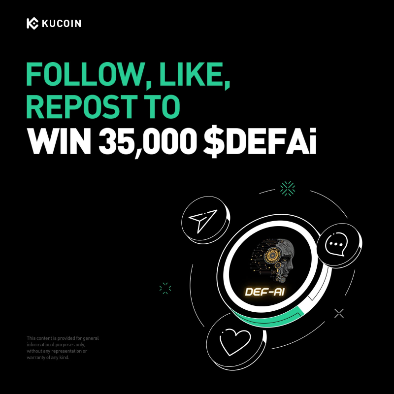 kucoincom's tweet photo. 🎉 #Giveaway Alert: Celebrate the $DEFAI listing on #KuCoin!

1️⃣ Follower of @kucoincom &amp; @DeF_AIofficial
2️⃣ Repost, Like with quote "Trade $DEFAI on #KuCoin!" + tag 3 friends
3️⃣ Fill out Gleam form

🎁 35,000 $DEFAI for 100 winners!
⏰ 48 hours