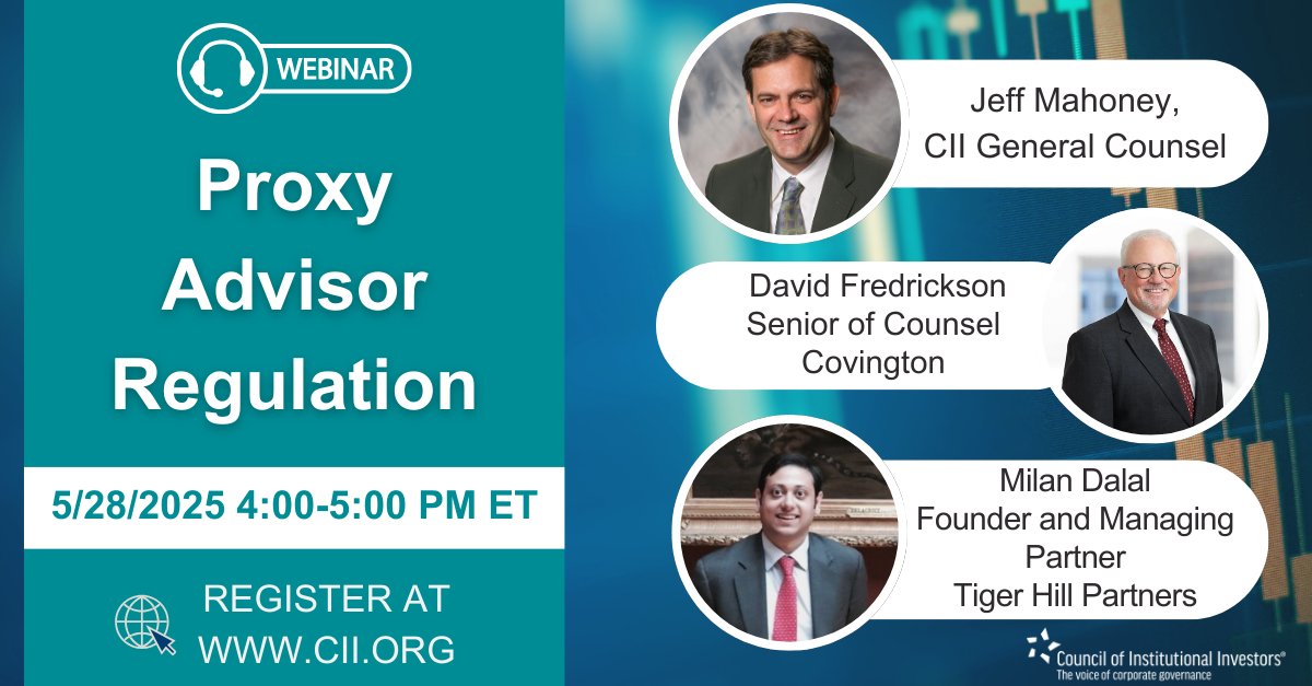 Council of Institutional Investors (@councilinstinv) on Twitter photo 💻 TOMORROW, join our next webinar! Please note, this webinar is an off-the-record event for CII members only Many thanks to our speakers:
David Fredrickson of <a href="/CovingtonLLP/">Covington</a>
Milan Dalal of <a href="/tigerhillDC/">Tiger Hill Partners</a>
Interested in attending? Please email Events@cii.org for more information. 💻 TOMORROW, join our next webinar! Please note, this webinar is an off-the-record event for CII members only Many thanks to our speakers:
David Fredrickson of <a href="/CovingtonLLP/">Covington</a>
Milan Dalal of <a href="/tigerhillDC/">Tiger Hill Partners</a>
Interested in attending? Please email Events@cii.org for more information.
