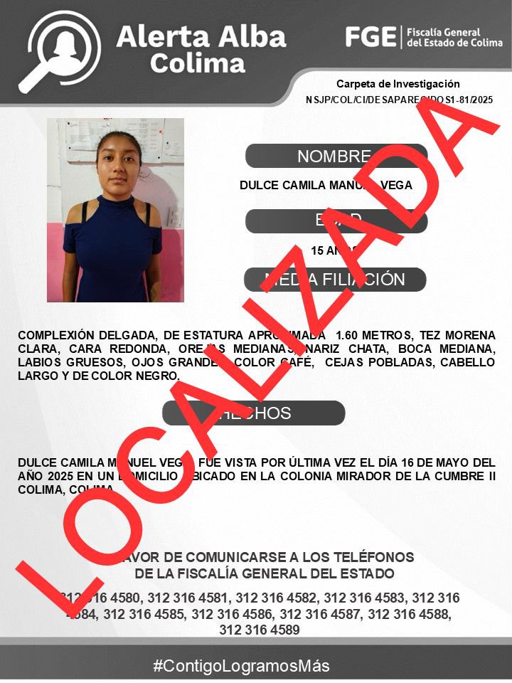 Dulce Camila ya fue localizada. El Protocolo Alerta Alba agradece el apoyo de medios de comunicación y la colaboración de la sociedad mediante llamadas a las líneas 089 y 911, así como la información que se compartió a través de redes sociales.