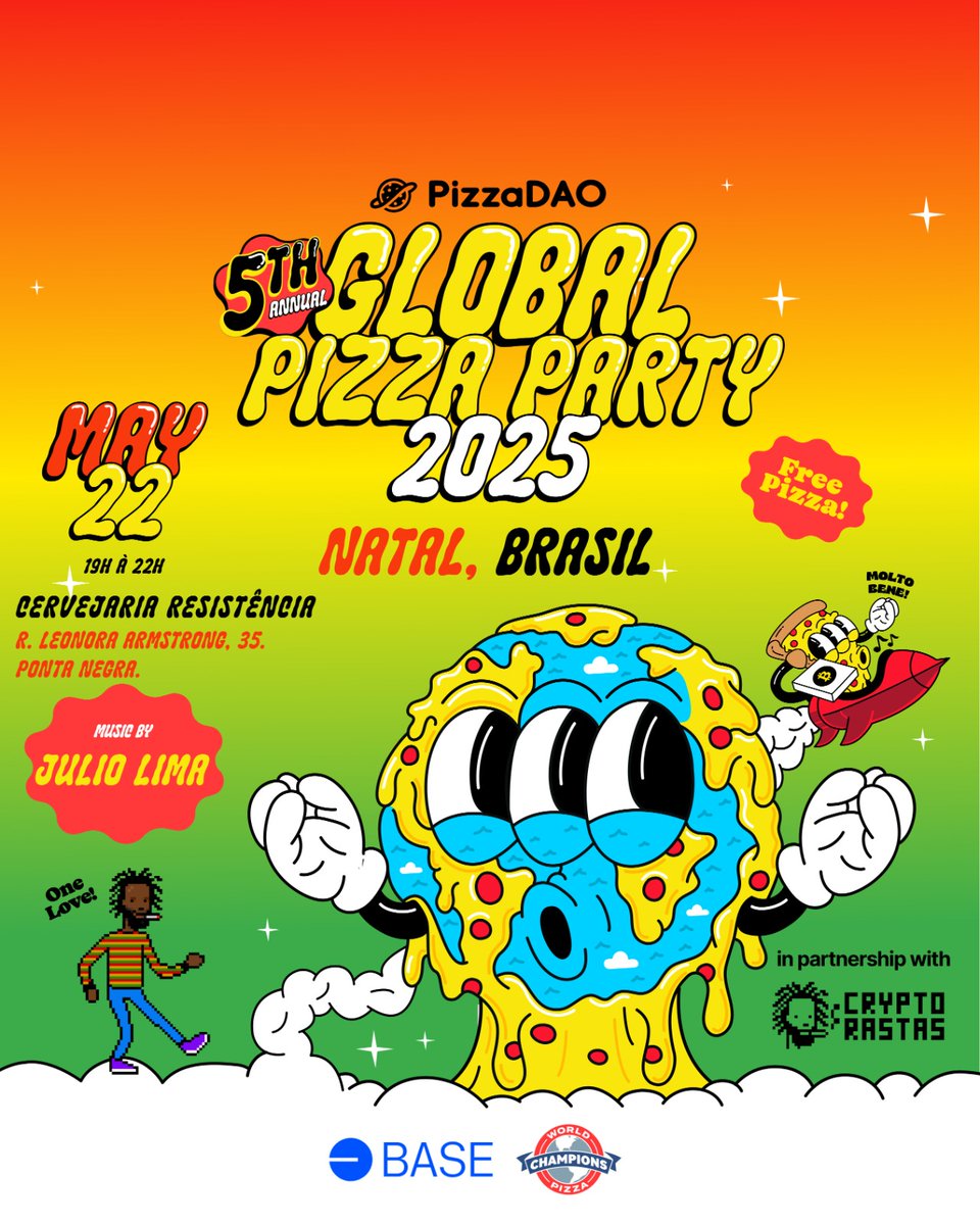 RhastaJr_'s tweet image. Pizza Party is coming to Natal for the first time!
A historic collab between @Pizza_DAO and @Cryptorastas, spreading culture, Web3, and of course, lots of pizza across several cities in Brazil.
Come be part of the party! #PizzaParty #Web3 #NatalRN
