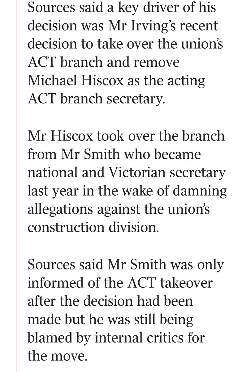 Ewin Hannan (@ewinhannan) on Twitter photo CFMEU national secretary Zach Smith has quit, citing workload pressures and no longer wanting to carry responsibility for decisions made by union administrator Mark Irving. Sources said Smith was sick of being a “punching bag” for Irving’s decisions. theaustralian.com.au/nation/politic… CFMEU national secretary Zach Smith has quit, citing workload pressures and no longer wanting to carry responsibility for decisions made by union administrator Mark Irving. Sources said Smith was sick of being a “punching bag” for Irving’s decisions. theaustralian.com.au/nation/politic…