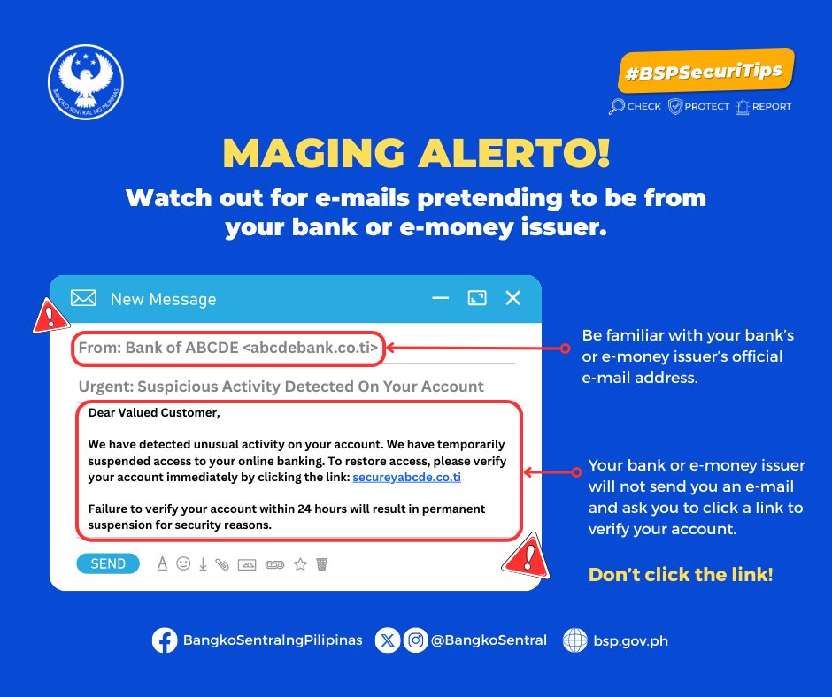 Scammers are sliding into DMs pretending to be your bank. Don't fall for it 🙄​

💜 Check that sender’s email address if correct.​

💜 Never click links asking you to "verify" your account. Legit banks (like us 👀) won't include links in emails.​

Remember, #CheckProtectReport 💅