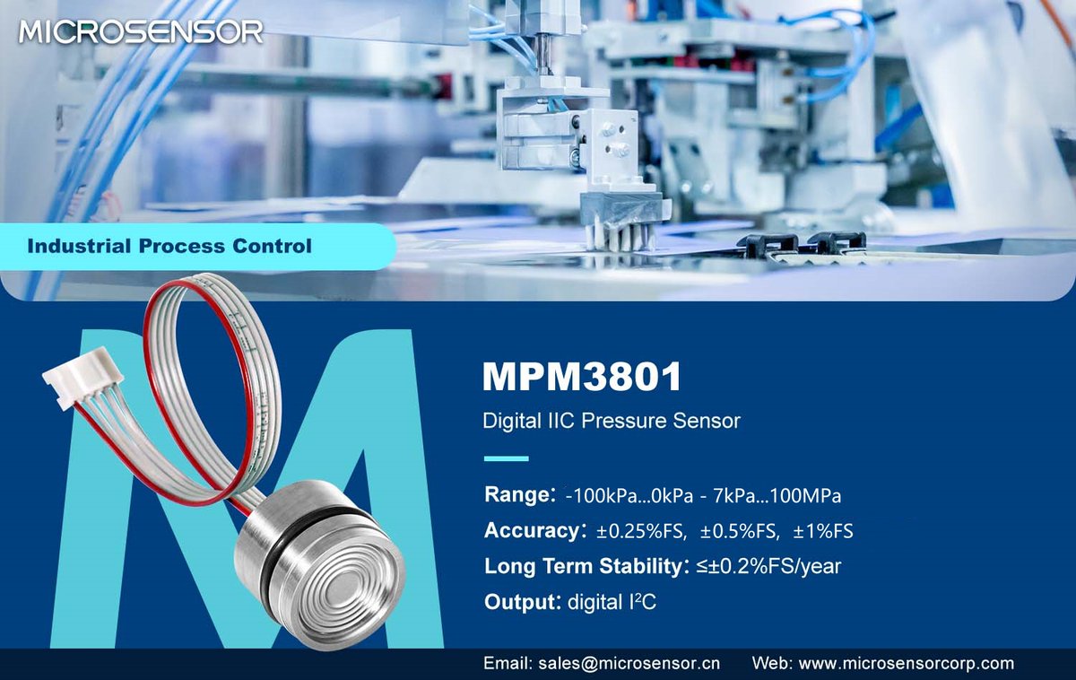 MicroSensorHome's tweet image. MPM3801 IIC Pressure Sensor for Industrial Process Control
▪ Low power consumption and wide -1 ~ 1000 bar pressure range.
▪ Isolated oil-filling construction to ensure accuracy and stability.
💬 Find out more specifications:
microsensorcorp.com/Product-detail…
#MICROSENSOR #sensors