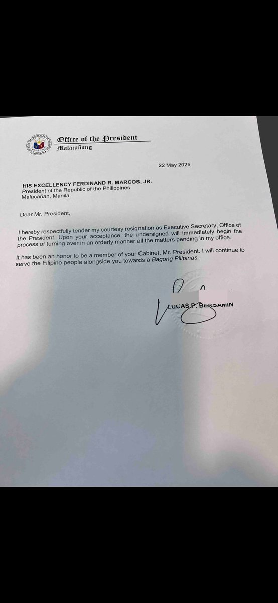 sam_medenilla's tweet image. Executive Secretary Lucas P. Bersamin submits his courtesy resignation letter in compliance to the order of President Ferdinand Marcos, Jr. @BusinessMirror