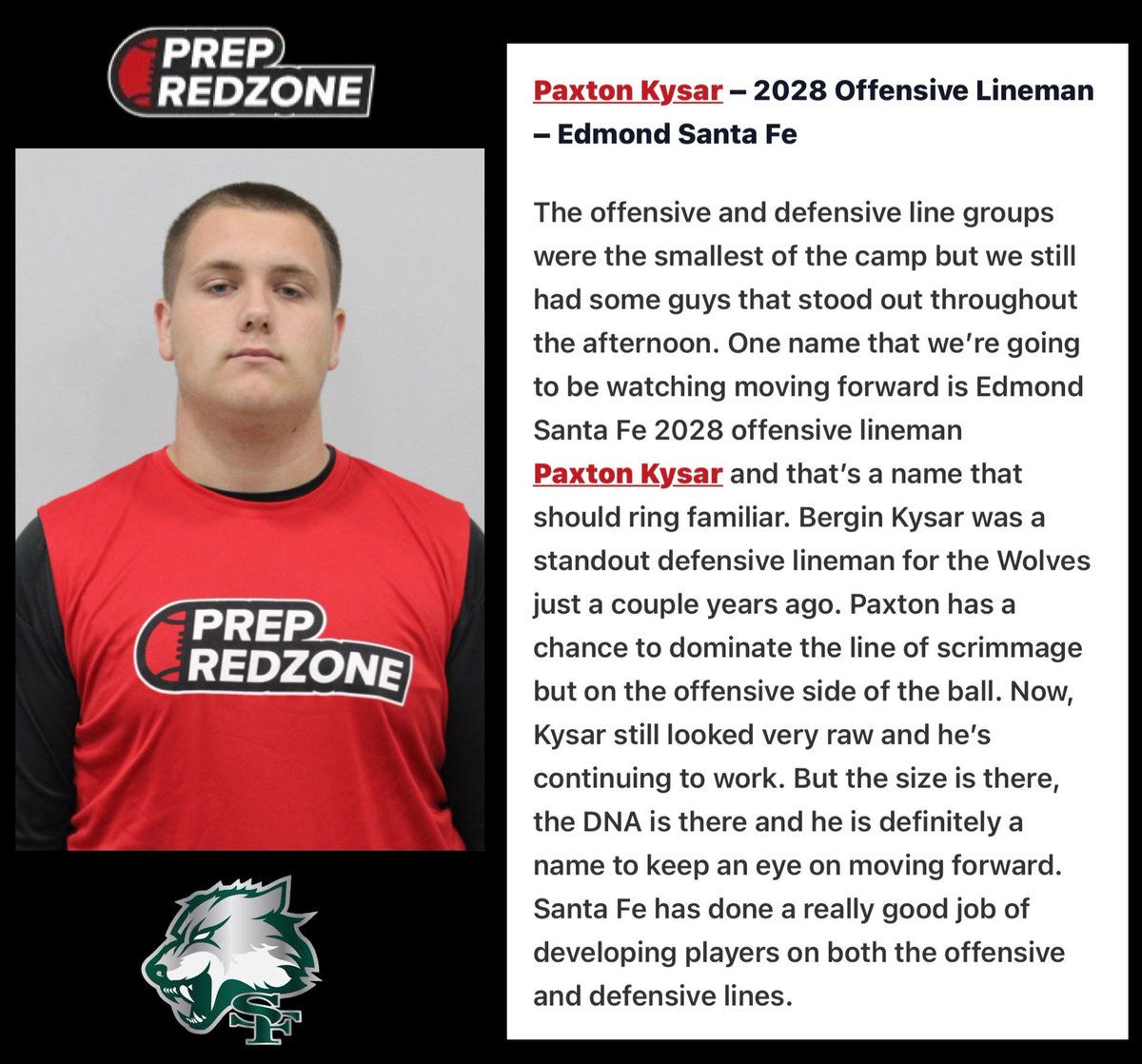 Paxton Kysar (@paxtonkysar) on Twitter photo Thanks <a href="/PrepRedzoneOK/">Prep Redzone Oklahoma</a> for the mention! #TMRollsDeep
<a href="/JRConrad64/">J.R. Conrad</a>
<a href="/SFwolvesFTBL/">Santa Fe Wolves Football #TheFE</a>
<a href="/coach_wolfpack/">Kyle White</a> Thanks <a href="/PrepRedzoneOK/">Prep Redzone Oklahoma</a> for the mention! #TMRollsDeep
<a href="/JRConrad64/">J.R. Conrad</a>
<a href="/SFwolvesFTBL/">Santa Fe Wolves Football #TheFE</a>
<a href="/coach_wolfpack/">Kyle White</a>