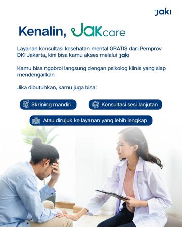 DKIJakarta's tweet photo. Capek secara mental tapi bingung mau cerita ke siapa?

Tenang, ada JAKI yang #bikingampangang buat jaga kesehatan mentalmu, karena sekarang ada JakCare di aplikasi JAKI! 💙

Layanan gratis dari Dinas Kesehatan DKI Jakarta ini bantu kamu konsultasi langsung dengan psikolog klinis, skrining mandiri, bahkan dirujuk ke layanan lanjutan jika perlu. ✨️

Yuk, cari tahu info lebih lengkapnya di postingan ini, dan jangan lupa download JAKI sekarang! 
📲

Sumber: @JSCLab 

#JakartaSmartCity #JakartaKotaGlobal #JAKI #BikinGampang #Jakcare