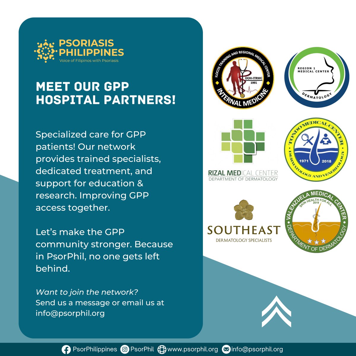 🌟 Meet Our GPP Hospital Partners! 🌟 

Together, we’re fighting Generalized Pustular Psoriasis (GPP) with specialized care &amp; support. 

📍 Join the network! 💙

#GPPNetworkPH #PsorphilCares #GPPawareness #FightForGPP #PartnerForChange