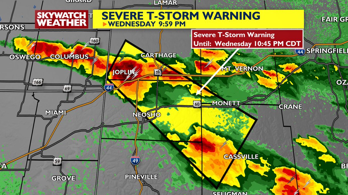 Severe thunderstorm warning for Jasper, Newton and Barry Co moving SE at 50 mph, this warning is for quarter size hail