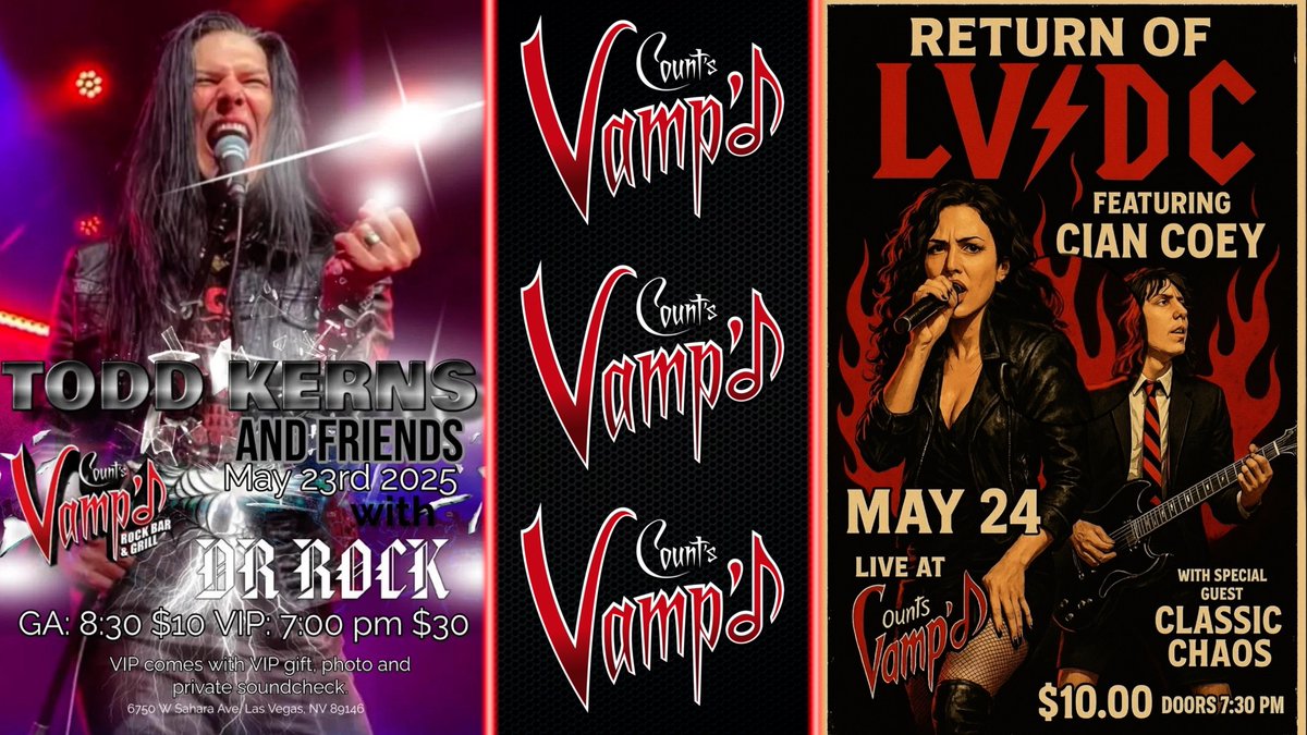 CountsKustoms's tweet photo. Sadly, our beloved @VampdVegas is closing at the end of June. Fear not, because we have an amazing lineup of shows to finish its epic run! This weekend, we've got Todd Kerns and LV β‘οΈ DC, plus so much more! Come out and rock with us Vegas! @DannyCountKoker @highwayrock #vampd https://t.co/YLRvxASvZZ