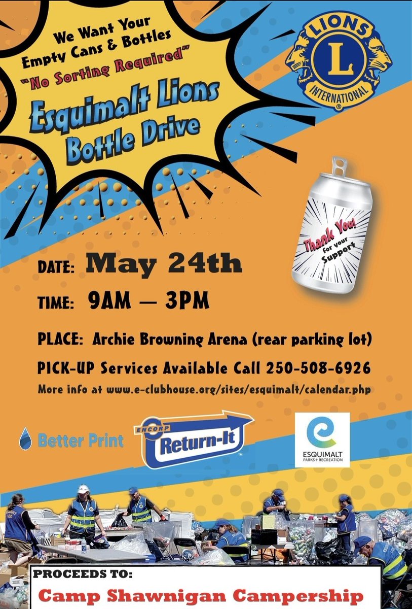 Esquimalt Lions Bottle Drive, Saturday May 24, 2025. Proceeds to Camp Shawnigan Camperships <a href="/EsquimaltERA/">Esquimalt Res Assoc</a> <a href="/EsquimaltBC/">TownshipOfEsquimalt</a> <a href="/EsqChamber/">Esquimalt Chamber</a> <a href="/esqchamber1/">Esquimalt Chamber</a> <a href="/CTVNewsVI/">CTV News Vancouver Island</a> <a href="/CTVNewsAndrew/">Andrew Johnson</a> <a href="/CTVNewsAdam/">Adam Sawatsky</a> <a href="/CTVNews/">CTV News</a> <a href="/CSLionsClub/">CentralSaanich Lions</a> <a href="/CountryGrocer/">Country Grocer</a> <a href="/CityOfVictoria/">City of Victoria</a> <a href="/CHEK_News/">CHEK News</a> <a href="/CFAXCommunity/">CFAX1070 Community</a> <a href="/cfax1070/">CFAX 1070 Victoria</a>