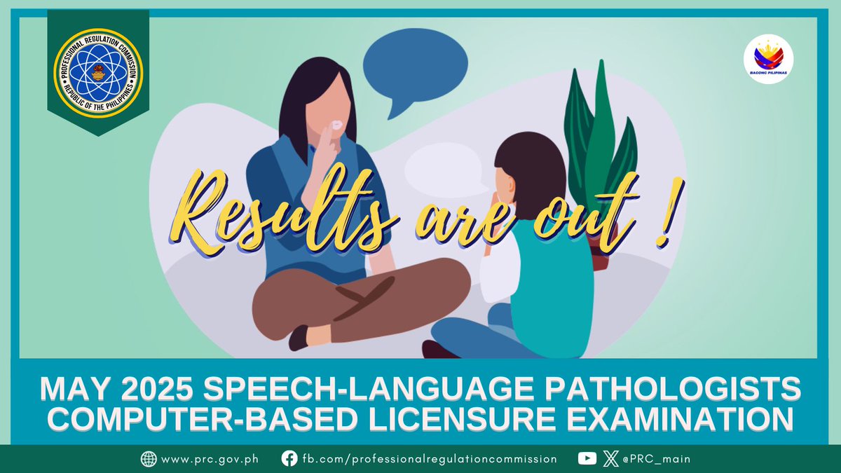 May 2025 Speech-Language Pathologists Computer-Based Licensure Examination Results Released Immediately after the Examination

For full result, please click this link: prc.gov.ph/article/may-20…