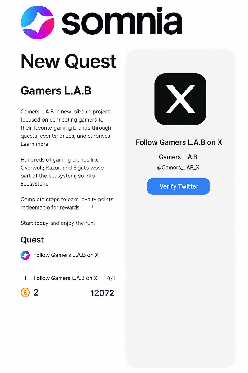 InesOktasa's tweet image. Latest mission @Somnia_Network @SomniaEco
Gamers L.A.B Follow Twitter and like, retweet..then verify the mission..
quest.somnia.network/referrals/BDB1…

#MasterCreator #Testnet #Airdrop #Web3
#SomniaCreator