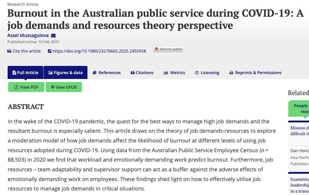 Asia Pacific Journal of PA (@apjournalpa) on Twitter photo Check out <a href="/amussagulova/">Assel Mussagulova</a>'s #openaccess article on burnout in the #Australian public service during COVID-19. She used job demands-resources theory to explore how job resources can act as a buffer against job demands' impact on burnout buff.ly/tKHUnWP Check out <a href="/amussagulova/">Assel Mussagulova</a>'s #openaccess article on burnout in the #Australian public service during COVID-19. She used job demands-resources theory to explore how job resources can act as a buffer against job demands' impact on burnout buff.ly/tKHUnWP