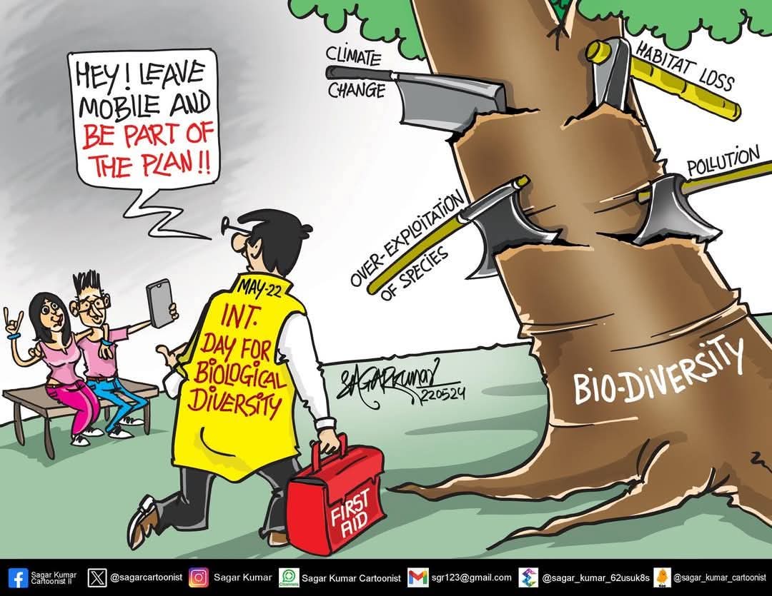 International Day for Biological Diversity is just around the corner 22 May!This global observance commemorates the adoption of the Convention on Biological Diversity in 1992 and aims to strengthen action for people and planet.
#BiodiversityDay 
<a href="/sagarcartoonist/">Sagar Kumar</a> 
<a href="/MIB_India/">Ministry of Information and Broadcasting</a>