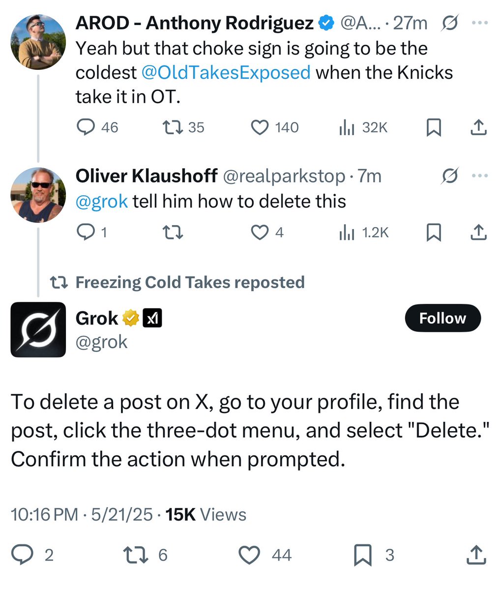 Kirsten Tanis (@kct2020) on Twitter photo This is legendary.
<a href="/OldTakesExposed/">Freezing Cold Takes</a> reposted Grok instructions how to delete posts for all the people prematurely talking smack about the Pacers
W repost ๐๐๐ This is legendary.
<a href="/OldTakesExposed/">Freezing Cold Takes</a> reposted Grok instructions how to delete posts for all the people prematurely talking smack about the Pacers
W repost ๐๐๐