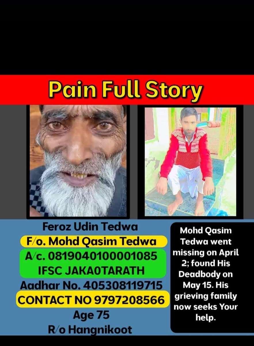 Mohd Qasim Tedwa was found dead on 15 may. He was a single earner for father. Till now neither postmortem report nor any investigation had been initiated. 
None of the media/state had interviewed as he belongs to deprived Gujjar community. 
<a href="/nasirsogami/">Nasir Sogami</a> 
<a href="/HandwaraP/">DISTRICT POLICE HANDWARA</a> 
<a href="/SudanAyushi/">Ayushi Sudan</a>