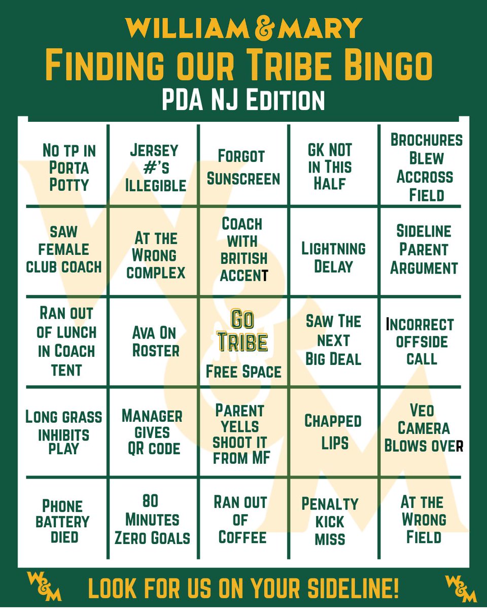 Another Memorial Day Weekend, another PDA Showcase!  Look for me on YOUR sideline. Coaches and players, what’s on your Bingo card that I missed!!?  #FindingOutTribe #FutureTribe #William&amp;Mary #ILoveThe95  <a href="/WMTribeWSOC/">William & Mary Tribe Women's Soccer</a> <a href="/ShacksTribe/">Julie Cunningham Shackford “Shacks”</a>